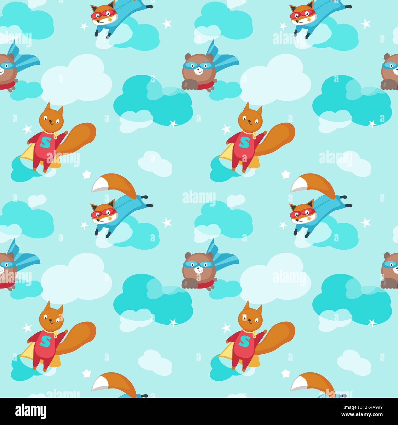 Motif vectoriel sans couture avec ours, écureuil et renard mignons animaux volant dans le ciel en costumes super-héros. Arrière-plan super-héros animaux, papier peint, tissu Illustration de Vecteur