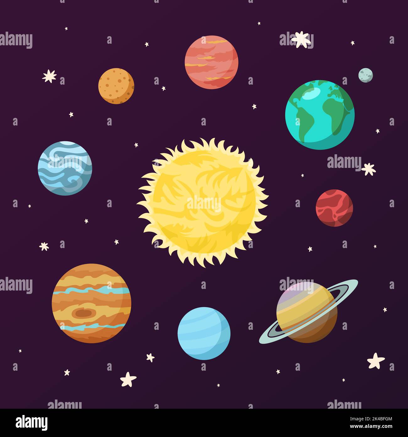 Affiche colorée système solaire planètes. L'enseignement de l'astronomie et la bannière de la science pour l'apprentissage des enfants Illustration de Vecteur