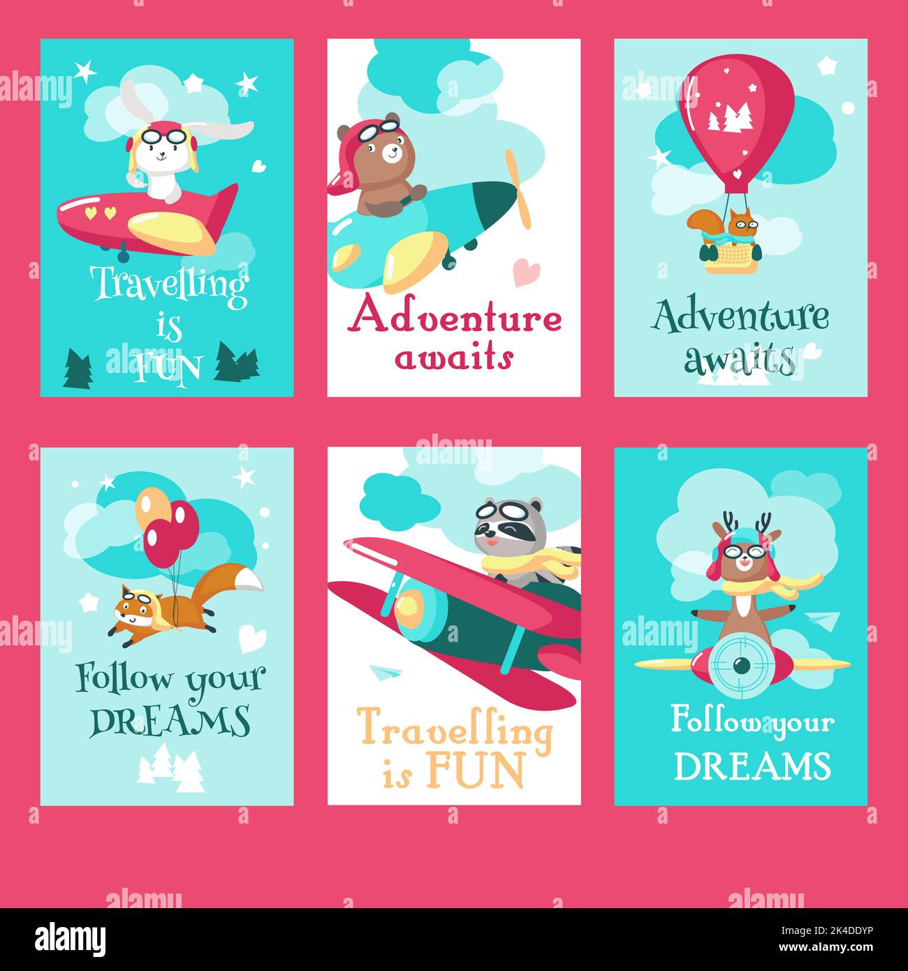 Jeu de cartes vectorielles avec animaux pilotes et devis de voyage Illustration de Vecteur