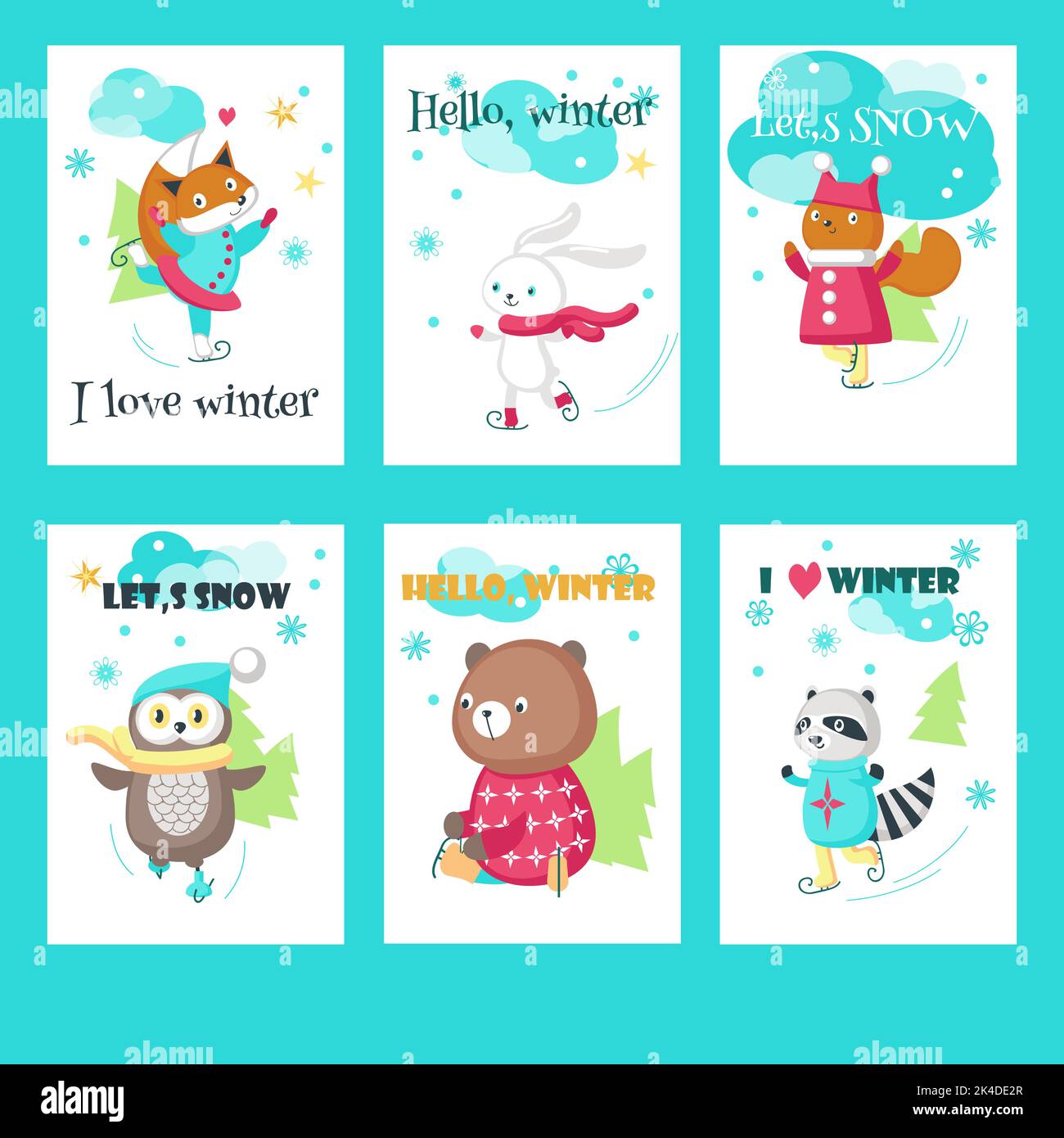 Ensemble de cartes vectorielles avec de jolis animaux de patinage sur glace Illustration de Vecteur