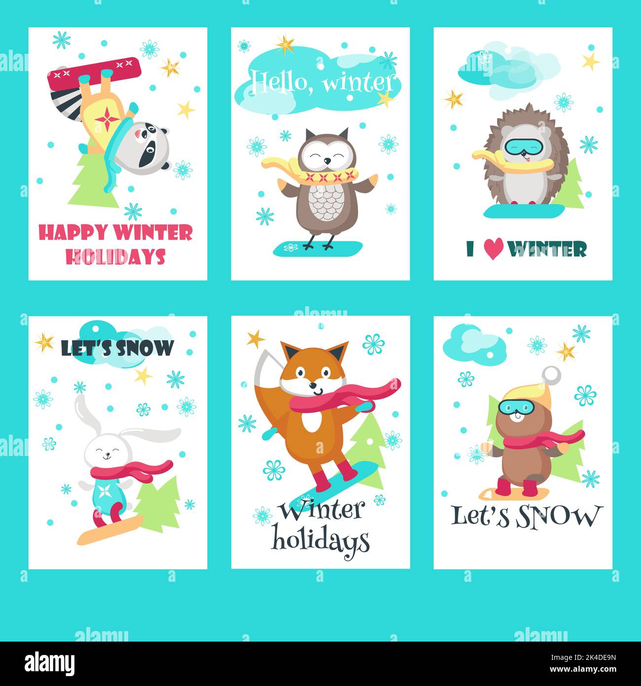 Ensemble de cartes vectorielles avec de jolis animaux de snowboard Illustration de Vecteur