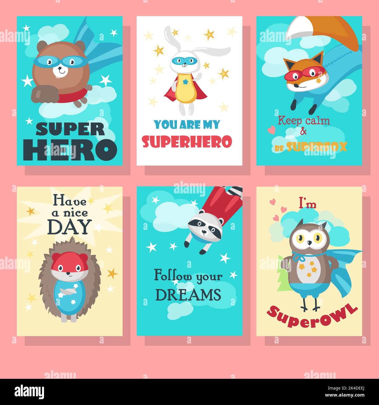 Ensemble de cartes vectorielles avec de jolis animaux super-héros Illustration de Vecteur