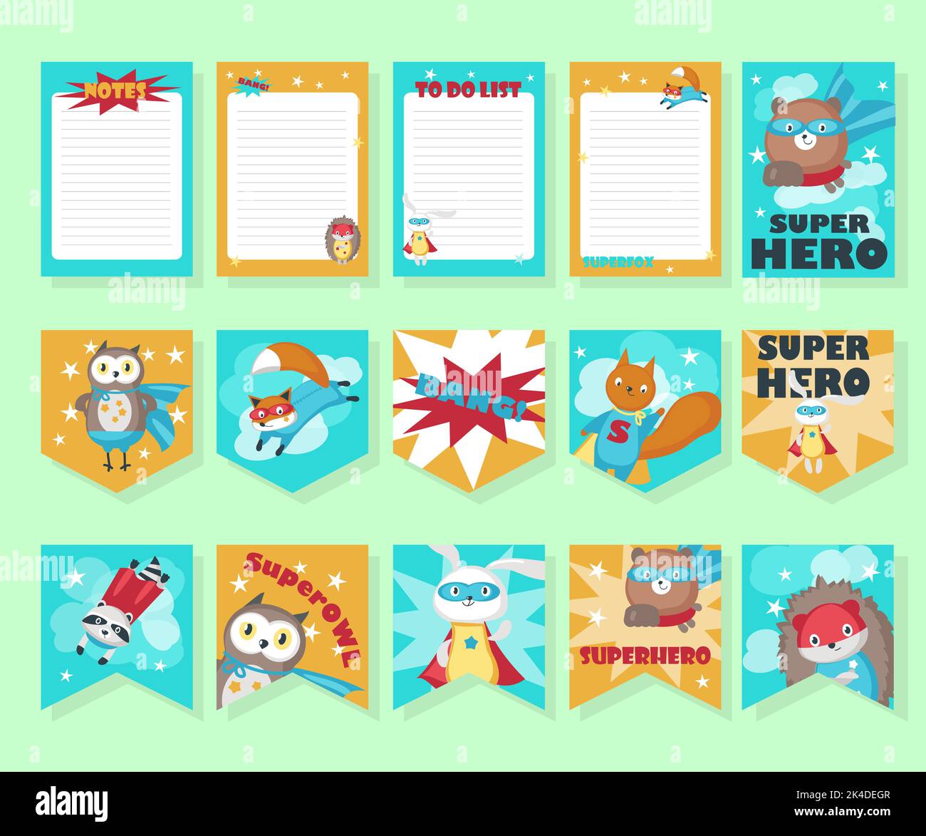 Ensemble de cartes vectorielles avec de jolis animaux super-héros Illustration de Vecteur