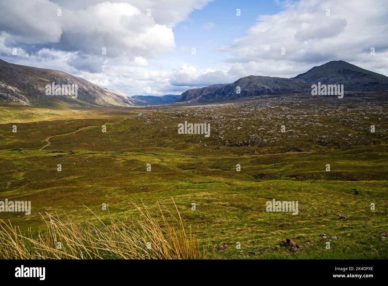 Vue sur Strath Dionard jusqu'à Cranstackie (à gauche) et Foinaven (à droite) depuis le point culminant de la route A838 sur la route NC 500 près de Gualin House. Banque D'Images