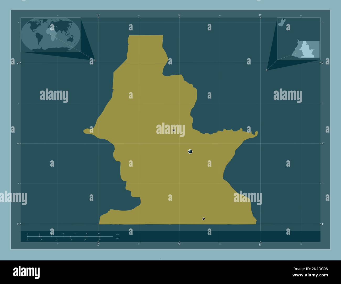 Centro sur, province de Guinée équatoriale. Forme de couleur unie. Lieux des principales villes de la région. Cartes d'emplacement auxiliaire d'angle Banque D'Images