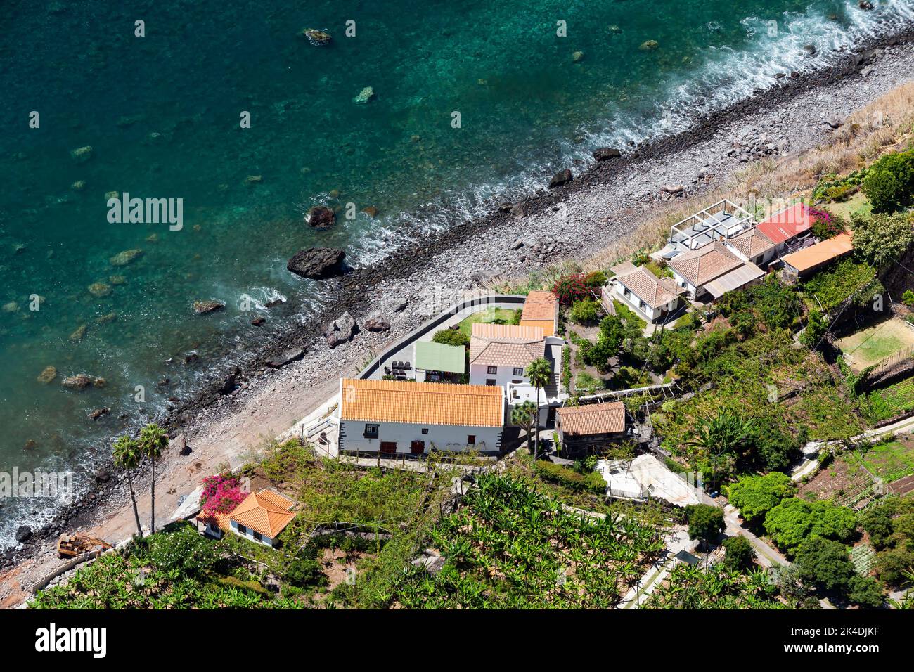 Région viticole et fruitière de Fajã dos Padres, vue aérienne, Madère, Portugal, Europe Banque D'Images