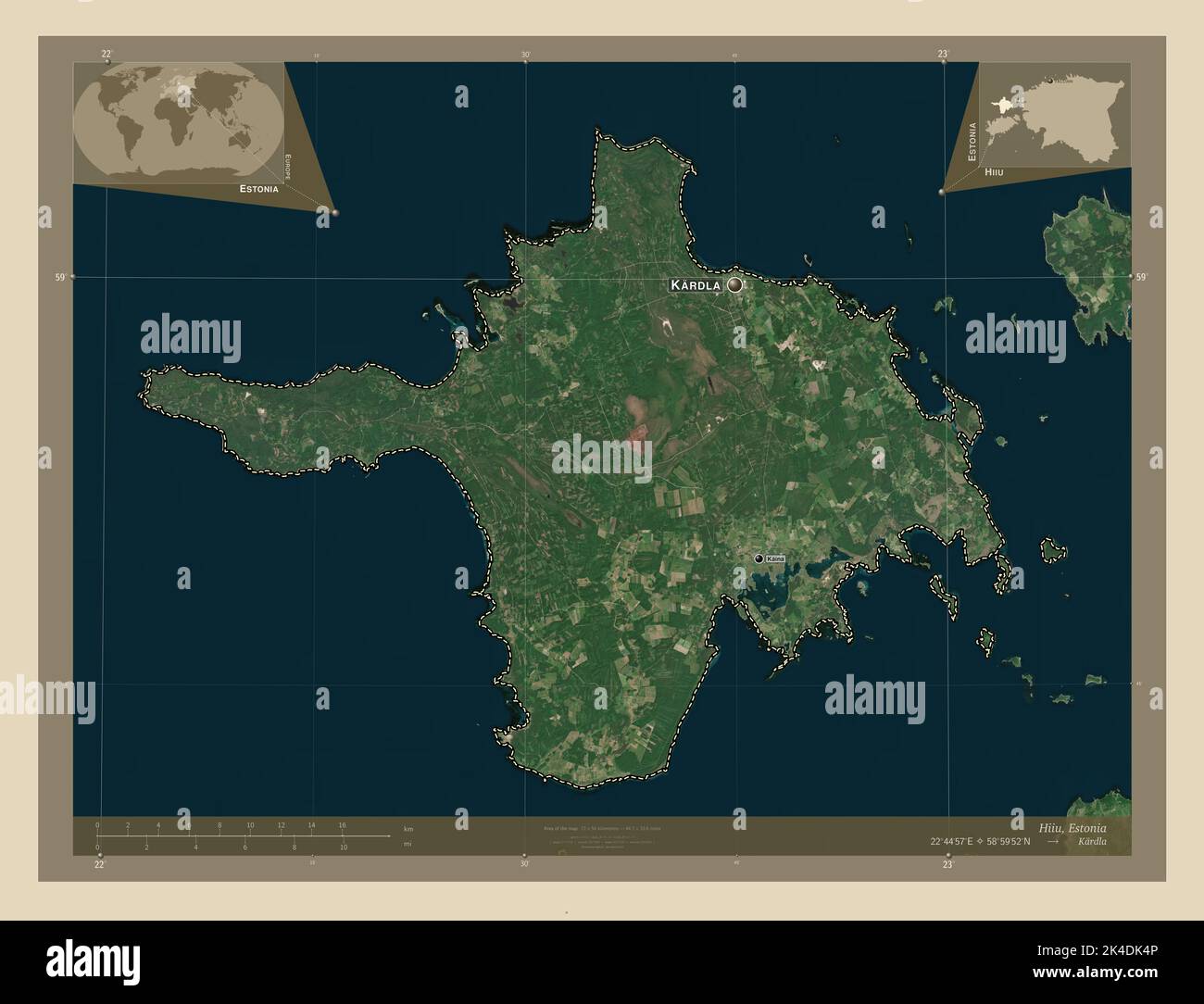 Hiiu, comté d'Estonie. Carte satellite haute résolution. Lieux et noms des principales villes de la région. Cartes d'emplacement auxiliaire d'angle Banque D'Images