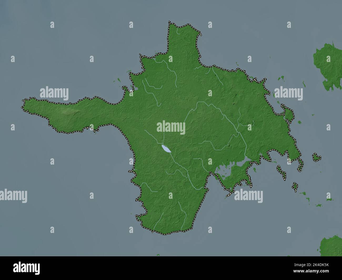 Hiiu, comté d'Estonie. Carte d'altitude colorée en style wiki avec lacs et rivières Banque D'Images