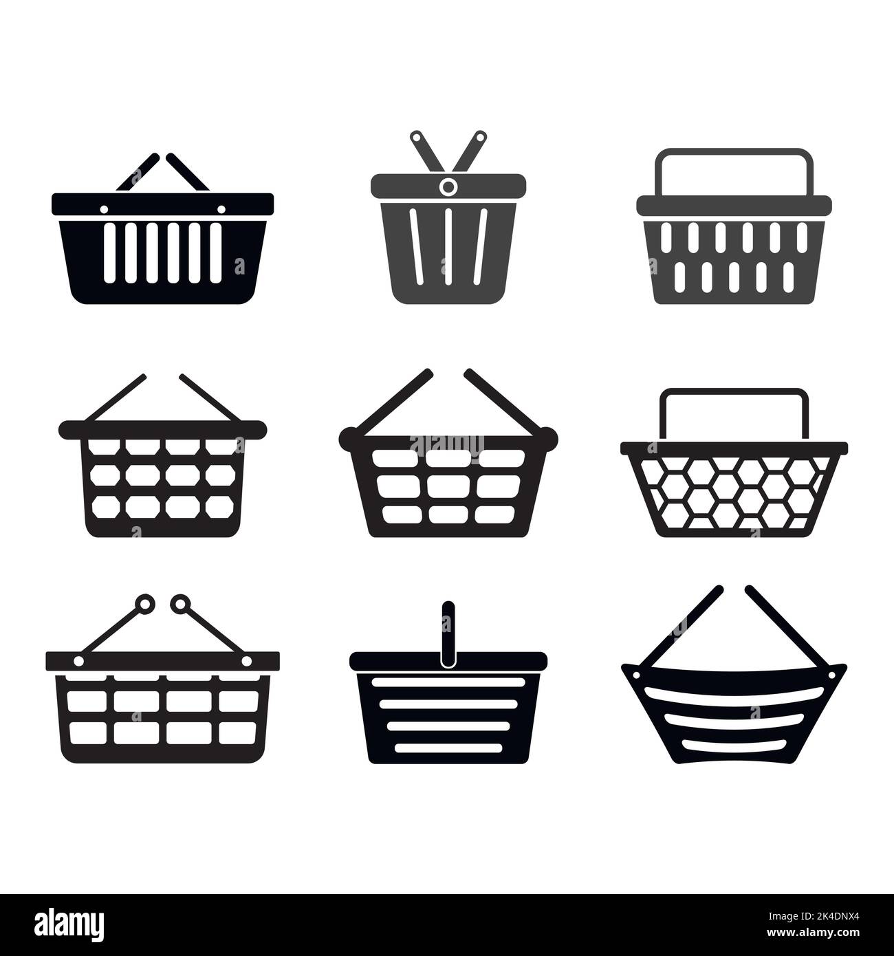 Collection de paniers, design noir blanc, chariot à sacs au centre commercial et au supermarché. Illustration vectorielle. Panier à provisions, conception de sacs de supermarché, Illustration de Vecteur