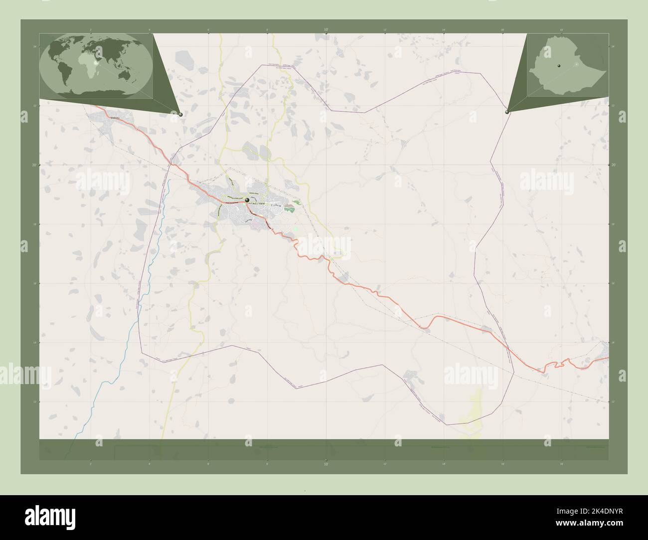 Peuple Harari, État de l'Éthiopie. Ouvrez la carte des rues. Lieux des principales villes de la région. Cartes d'emplacement auxiliaire d'angle Banque D'Images