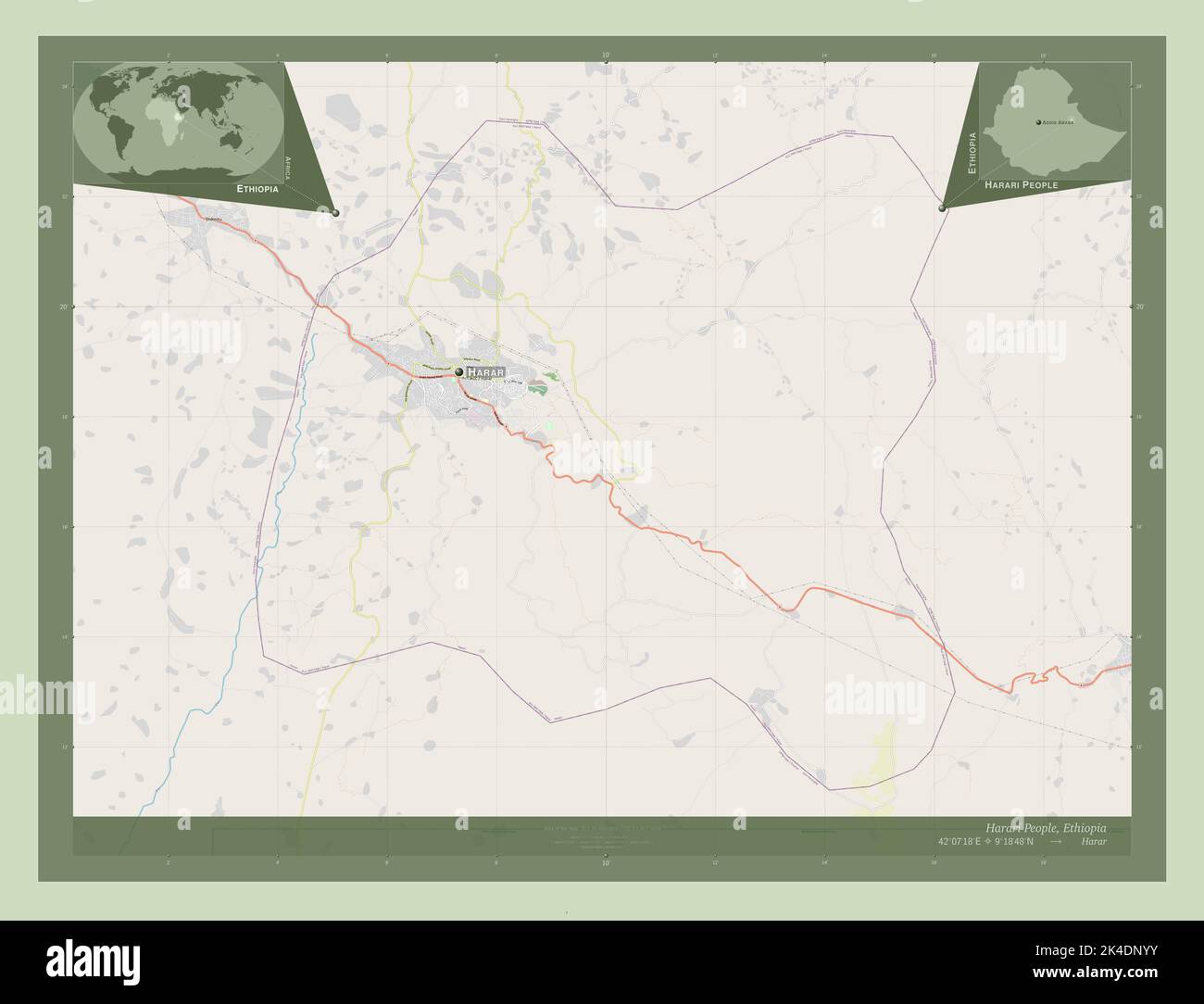 Peuple Harari, État de l'Éthiopie. Ouvrez la carte des rues. Lieux et noms des principales villes de la région. Cartes d'emplacement auxiliaire d'angle Banque D'Images