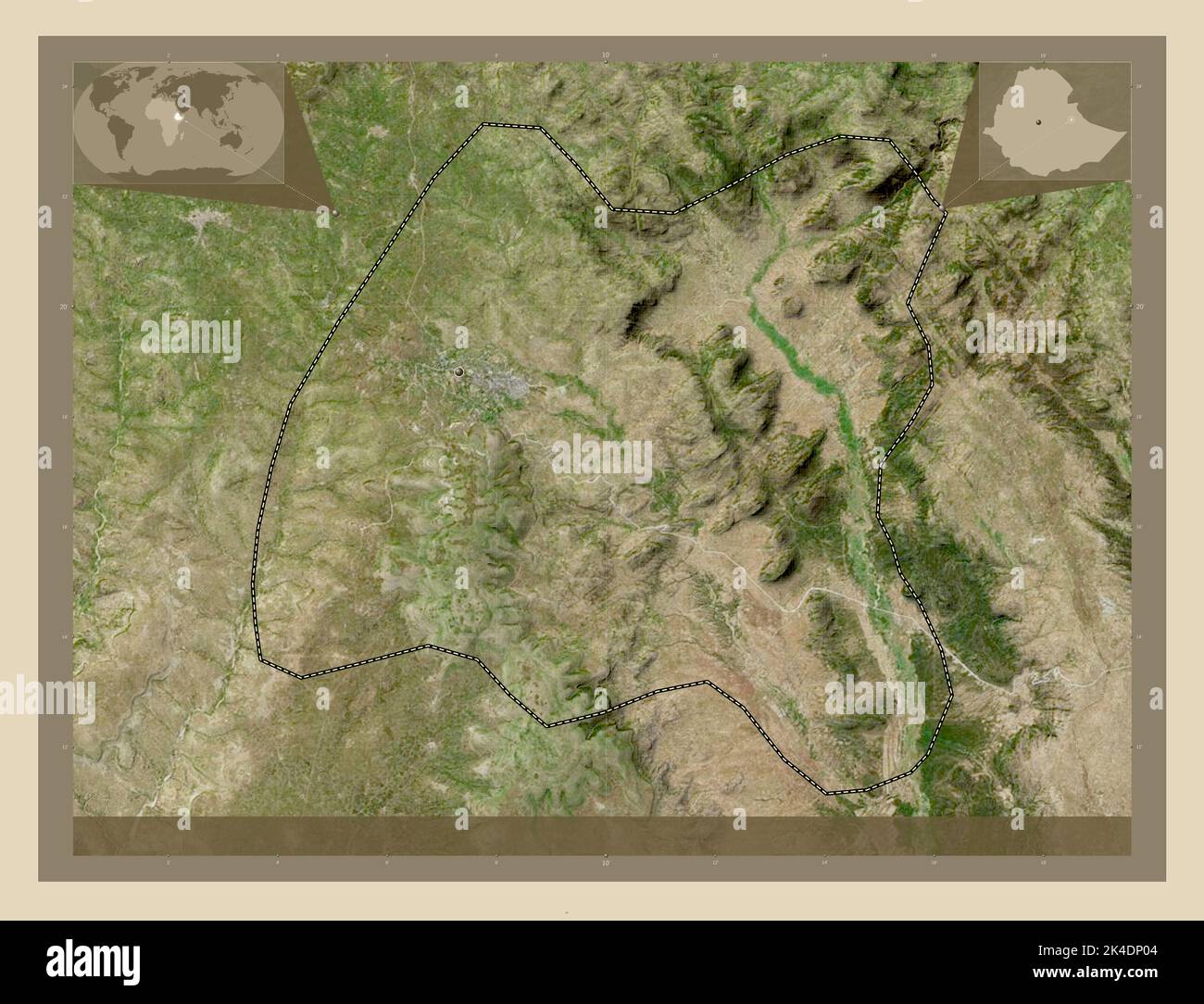 Peuple Harari, État de l'Éthiopie. Carte satellite haute résolution. Lieux des principales villes de la région. Cartes d'emplacement auxiliaire d'angle Banque D'Images