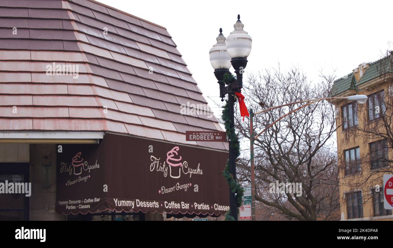 CHICAGO, ILLINOIS, ÉTATS-UNIS - 15 DÉCEMBRE 2015 : décorations de Noël au feu de la rue dans une banlieue de Chicago avec de nombreux Hermils allemands Banque D'Images