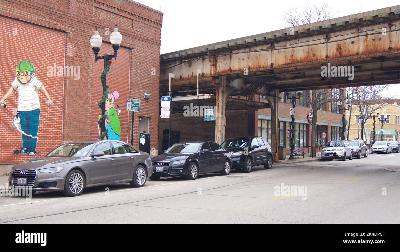 CHICAGO, ILLINOIS, ÉTATS-UNIS - 15 DÉCEMBRE 2015 : décorations de Noël au feu de la rue dans une banlieue de Chicago avec de nombreux Hermils allemands Banque D'Images