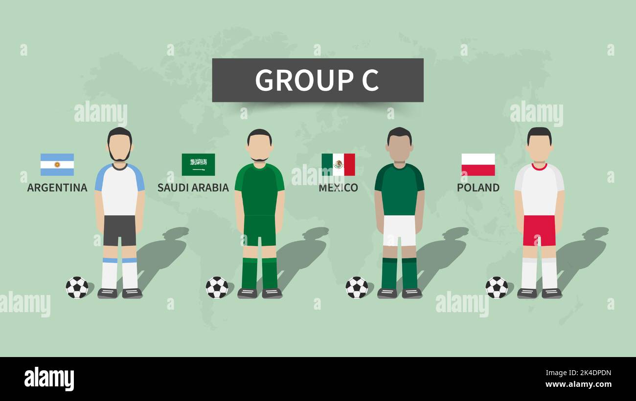 Tournoi de football de la coupe du monde de la fifa au Qatar 2022 . 32 équipes de groupe de stades et de personnage de dessin animé avec des drapeaux de maillot et de pays . Conception plate . Vecteur . Illustration de Vecteur