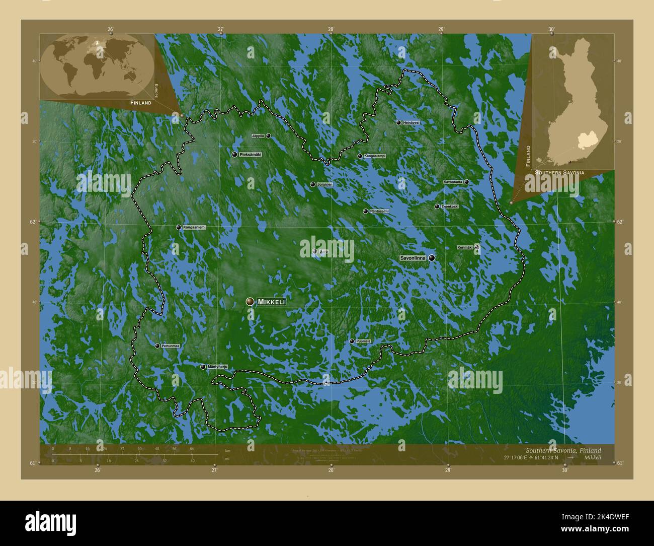 Savonie du Sud, région de Finlande. Carte d'altitude en couleur avec