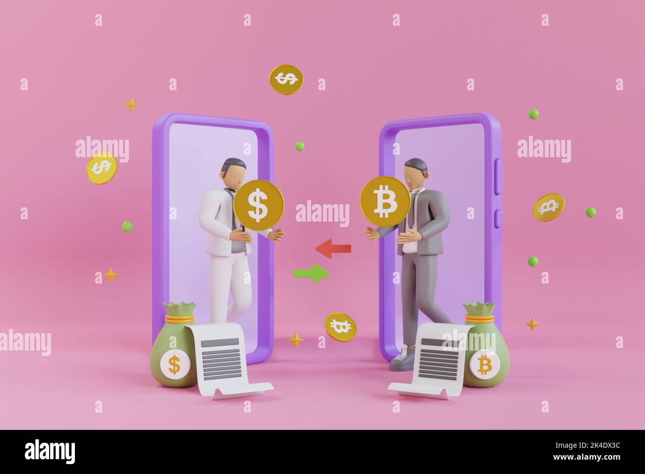 Transaction Bitcoin. Acheter Bitcoin en ligne. 3d illustration de l'achat de crypto-monnaie sur téléphone mobile avec de l'argent. 3d rendu Banque D'Images