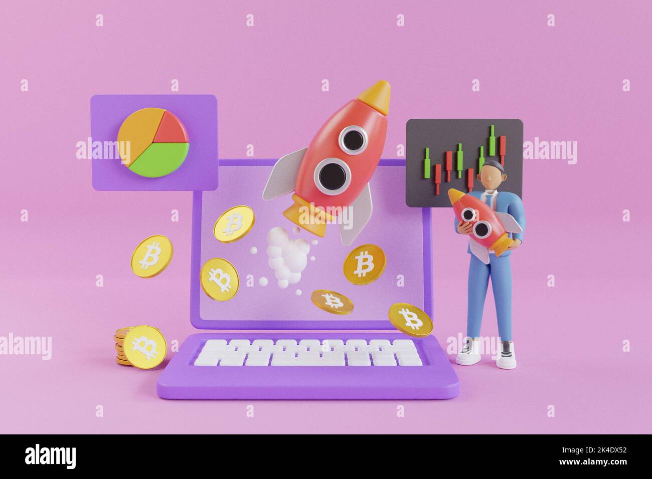 Bitcoin au concept de lune ou acheter. La fusée de crypto-monnaie Bitcoin s'arrête sur la lune. 3D rendu Banque D'Images