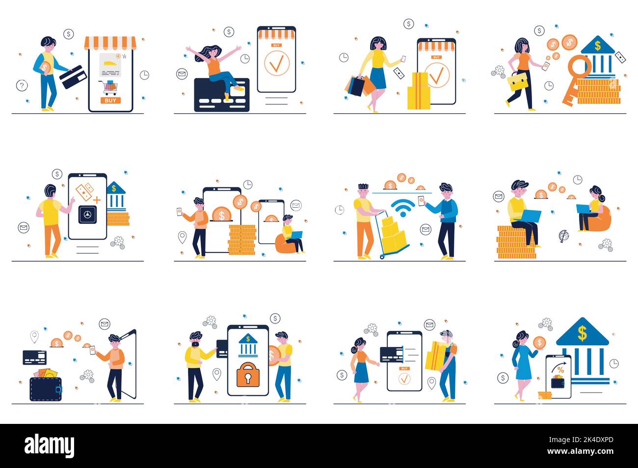 Concept de banque mobile avec des scènes de personnes minuscules dans un design plat. Ensemble d'hommes et de femmes gèrent l'argent sur un compte personnel dans l'application, en ligne Illustration de Vecteur