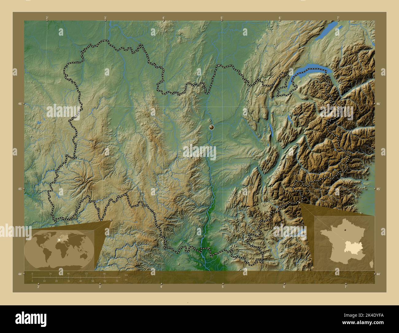 Auvergne-Rhône-Alpes, région de France. Carte d'altitude en couleur avec lacs et rivières. Cartes d'emplacement auxiliaire d'angle Banque D'Images