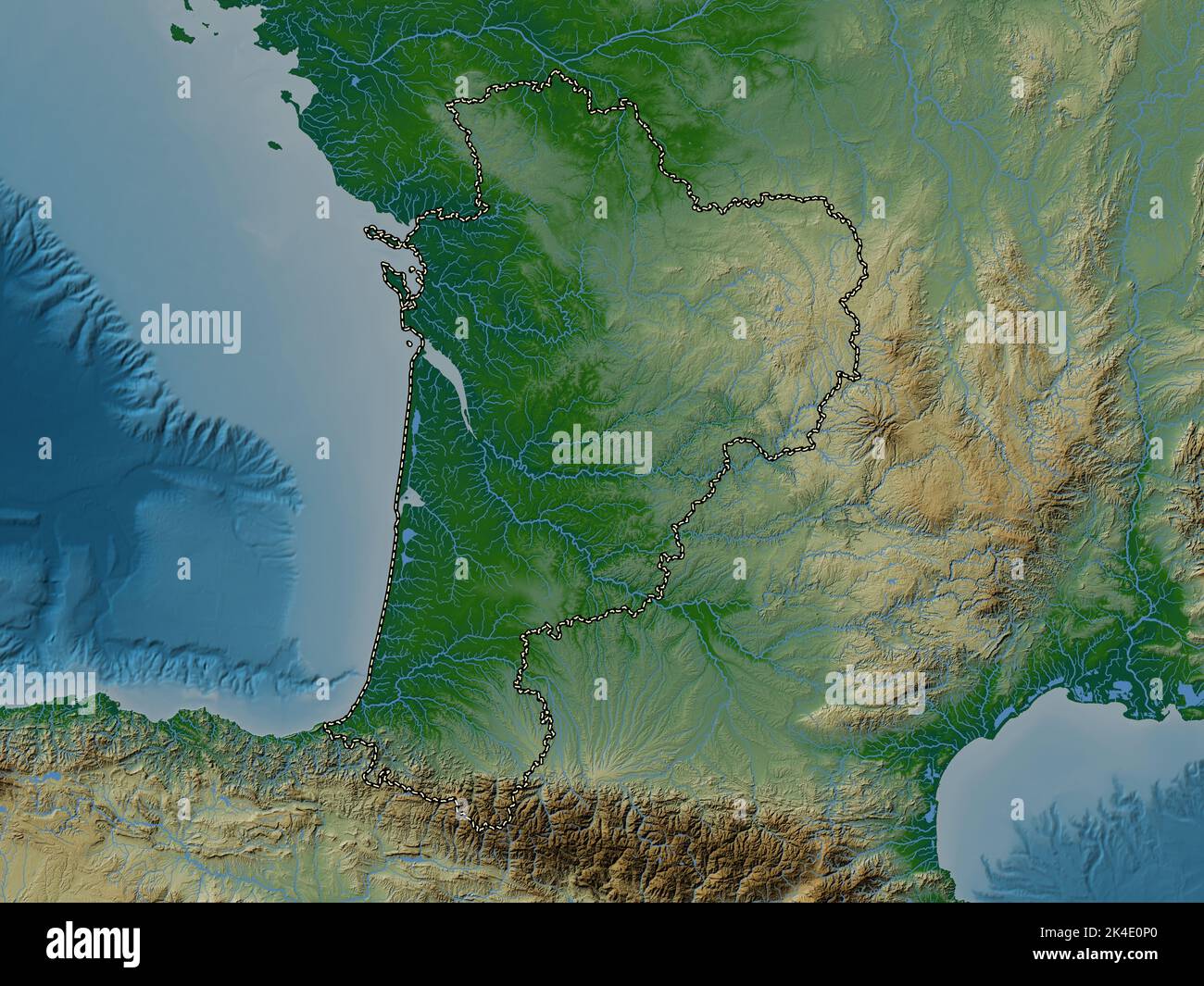 Nouvelle-Aquitaine, région de France. Carte d'altitude en couleur avec lacs  et rivières Photo Stock - Alamy