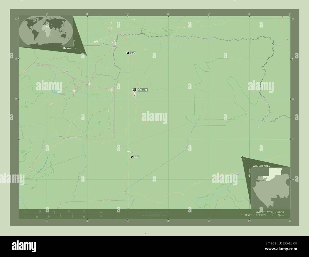 Wouleu-Ntem, province du Gabon. Ouvrez la carte des rues. Lieux et noms des principales villes de la région. Cartes d'emplacement auxiliaire d'angle Banque D'Images