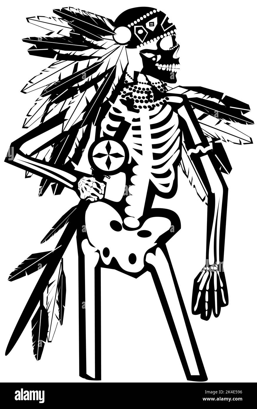 Chef américain natif, icône du crâne indien avec plumes, vue latérale en noir et blanc, vecteur. Banque D'Images