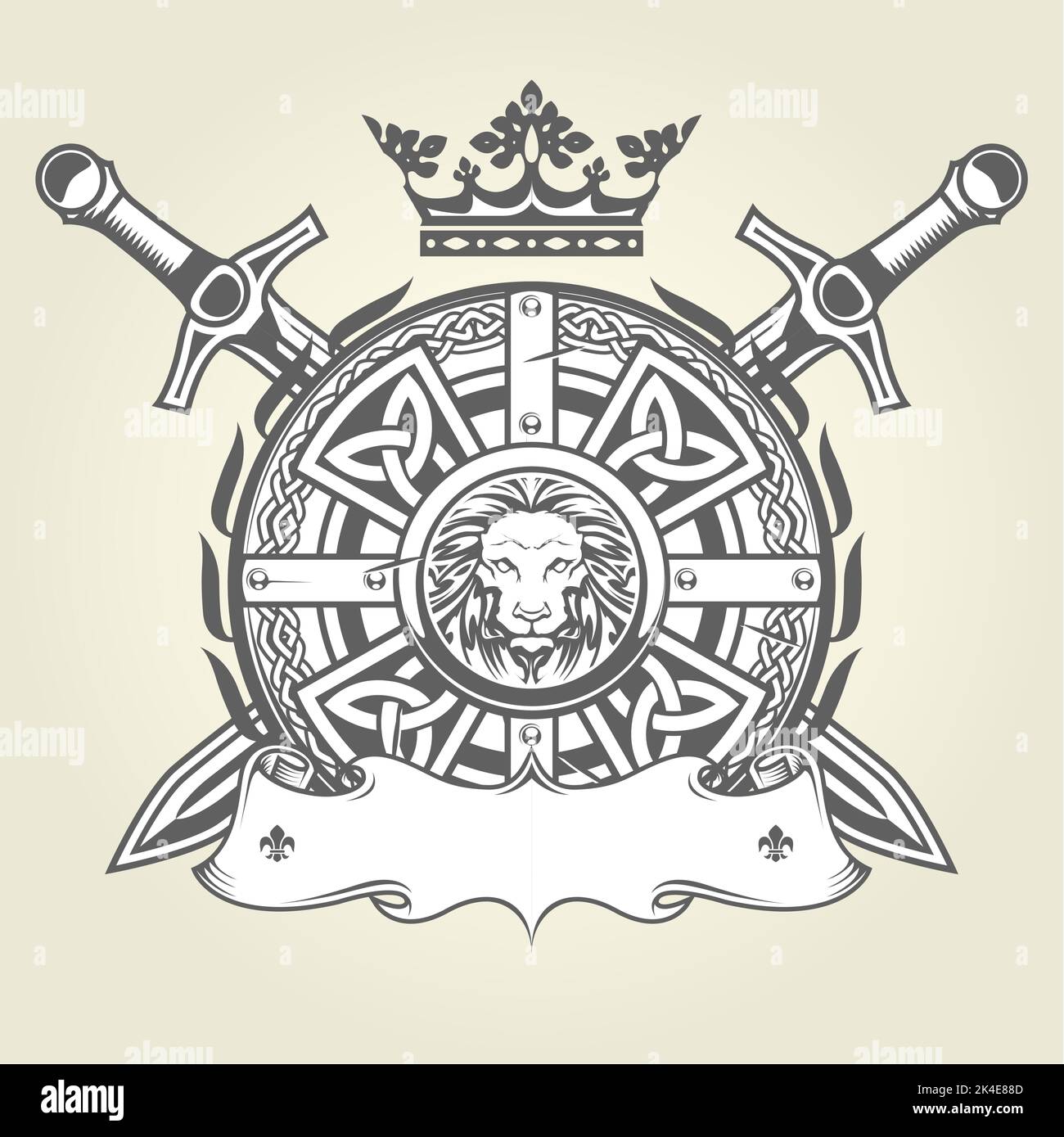 Écusson royal médiéval avec armure chevalier, bouclier richement orné, couronne et blason héraldique croisé avec bannière, vecteur Illustration de Vecteur