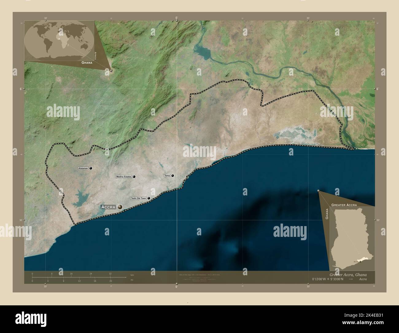 Grande Accra, région du Ghana. Carte satellite haute résolution. Lieux
