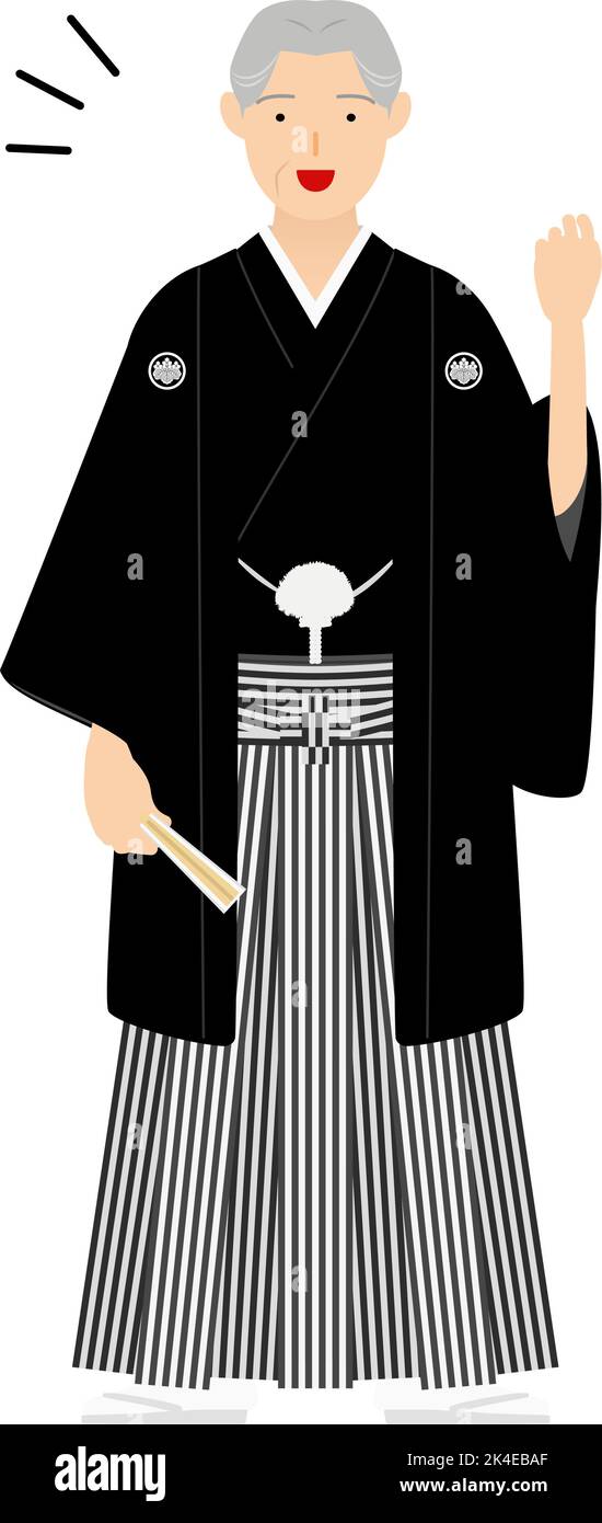 Un homme âgé dans un kimono, portant un hakama à crête, frappe une pose de goys Illustration de Vecteur