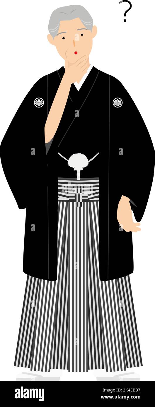 Un homme âgé dans un kimono, portant un hakama à crête, a des doutes Illustration de Vecteur