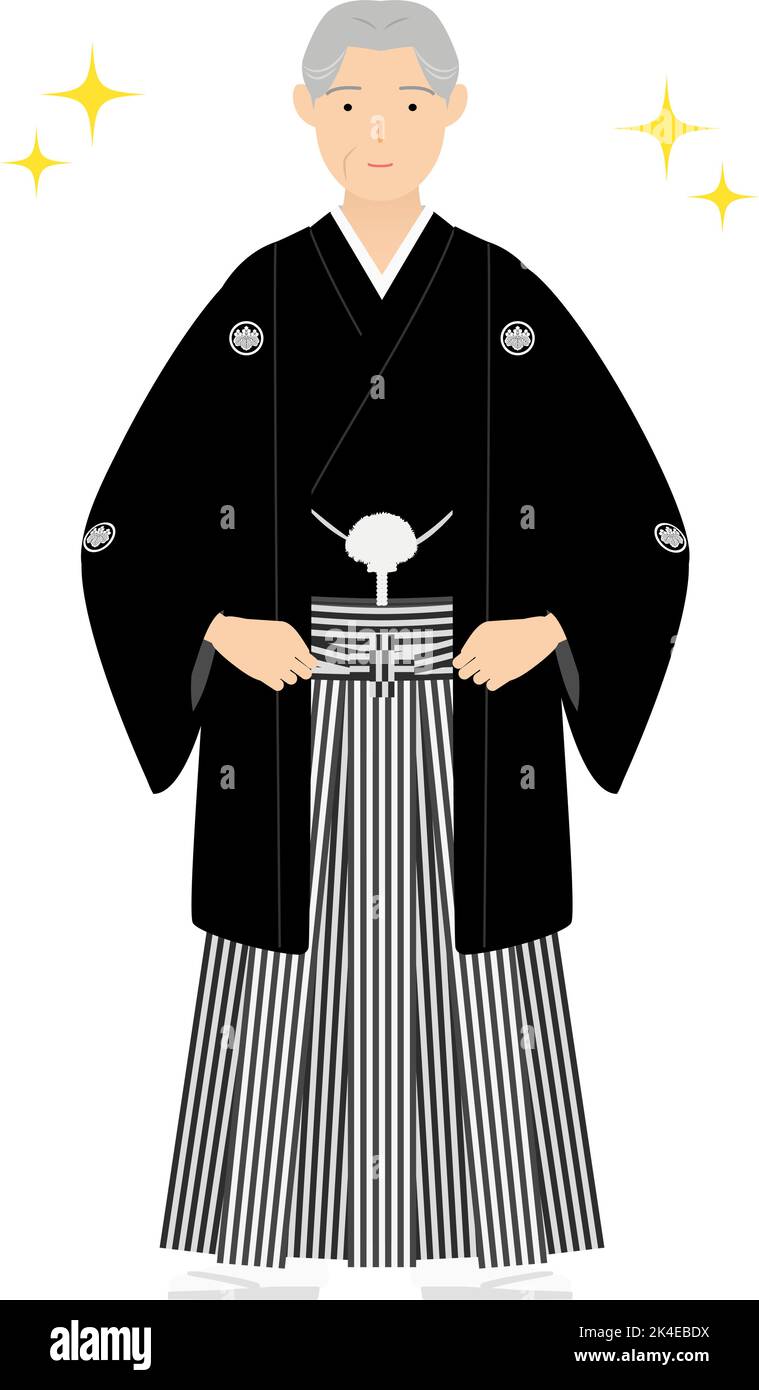 Un homme âgé en kimono, portant un hakama à crête, pose avec les mains sur les hanches (avec paillettes) Illustration de Vecteur