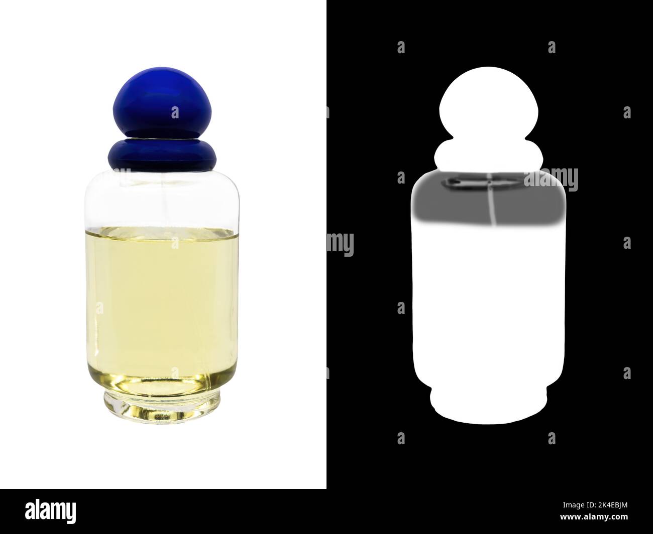 Bouteille de parfum de cologne féminin avec capuchon bleu pour une maquette avec passe-cheveux Banque D'Images