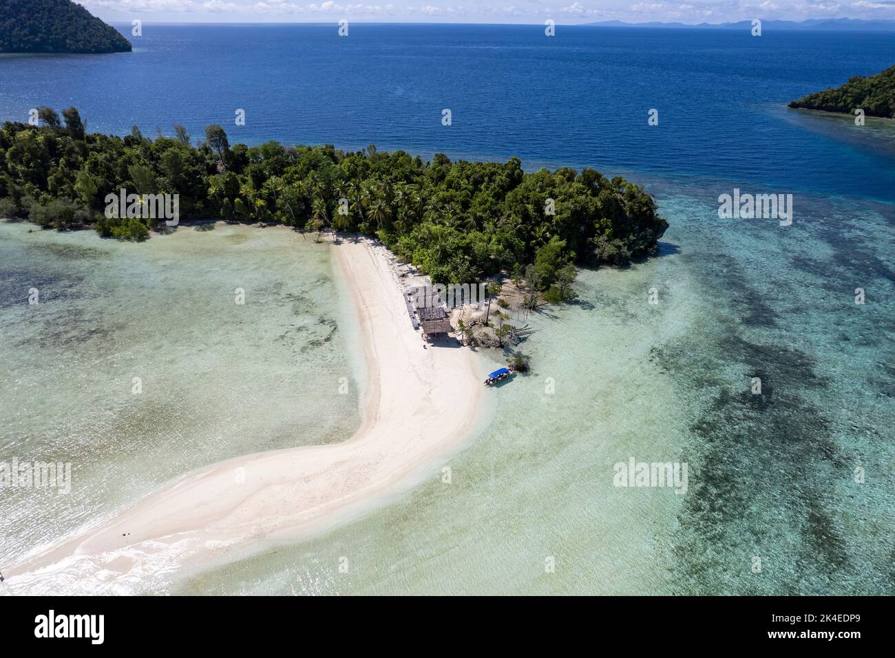 Vue aérienne de la plage de sable blanc, Pulau Mansuar, Raja Ampat Indonésie. Banque D'Images