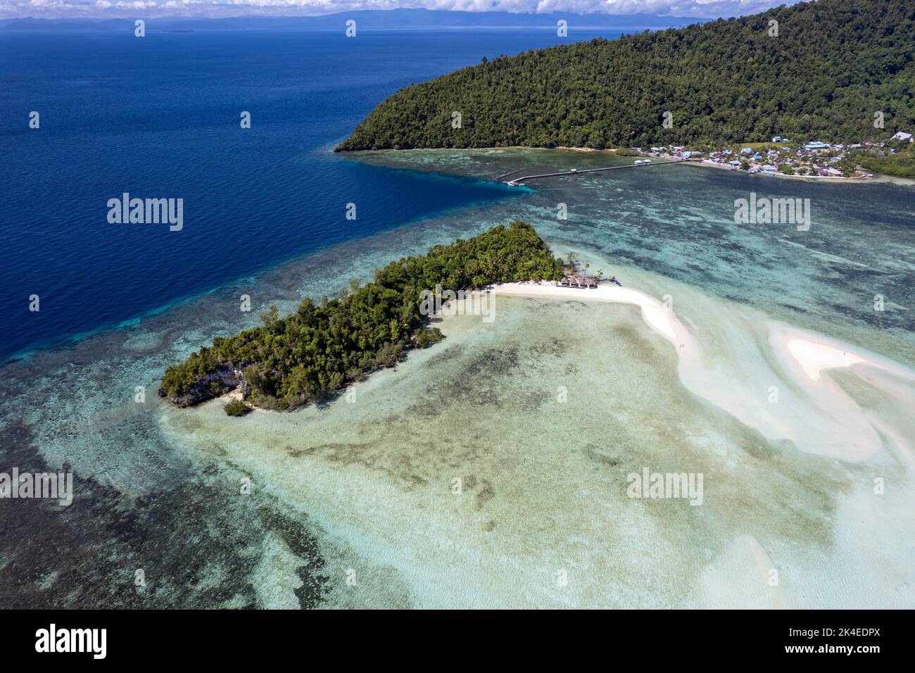Vue aérienne de la plage de sable blanc, Pulau Mansuar, Raja Ampat Indonésie. Banque D'Images