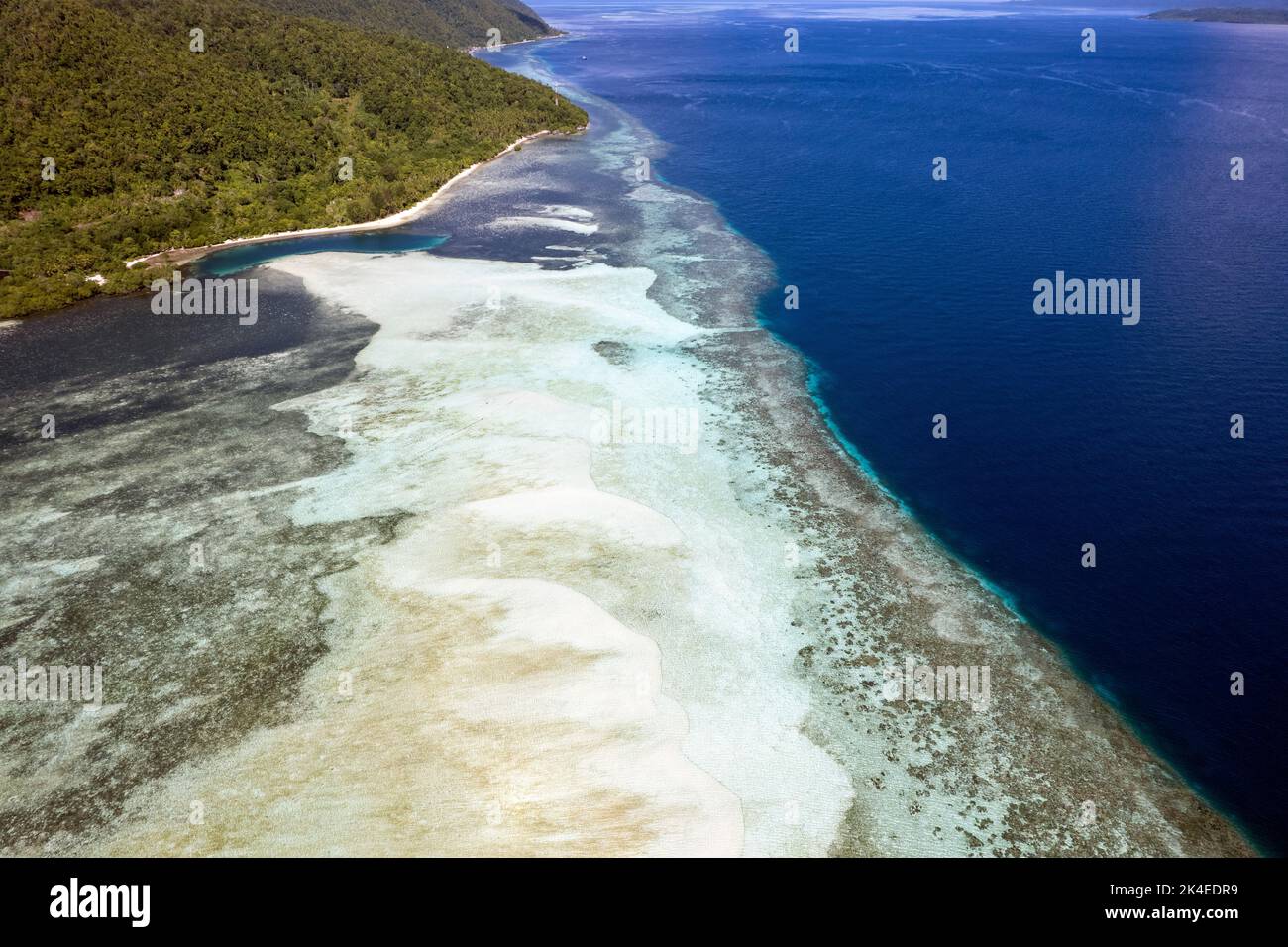 Vue aérienne de la plage de sable blanc, Pulau Mansuar, Raja Ampat Indonésie. Banque D'Images