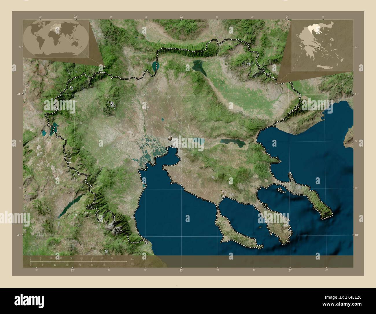 Macédoine centrale, administration décentralisée de la Grèce. Carte satellite haute résolution. Cartes d'emplacement auxiliaire d'angle Banque D'Images