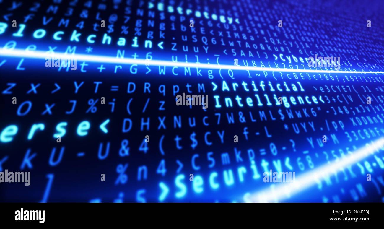 Code binaire avec intelligence artificielle, chaîne de blocs et mise en évidence de texte de sécurité et lignes de lumière se connectant. Formation technique. Banque D'Images