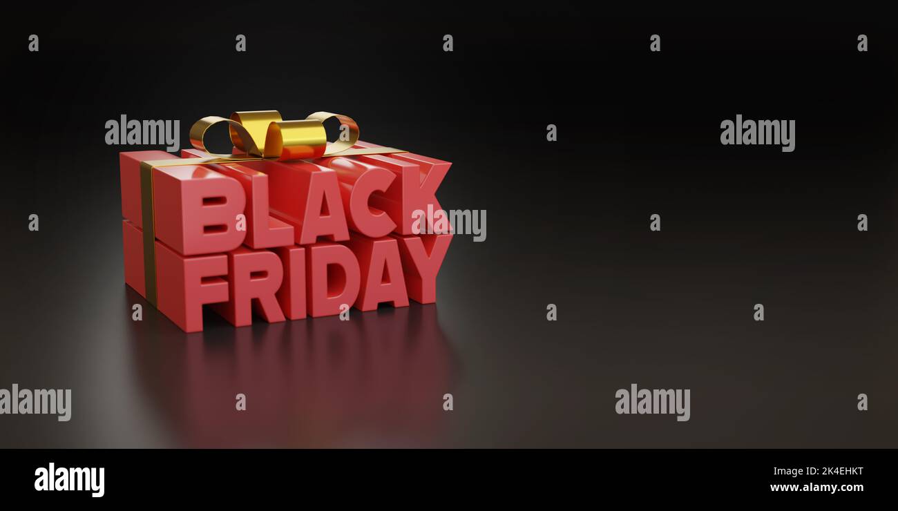 Texte du vendredi noir en rouge en forme de cadeau avec espace de copie. 3d illustration. Banque D'Images