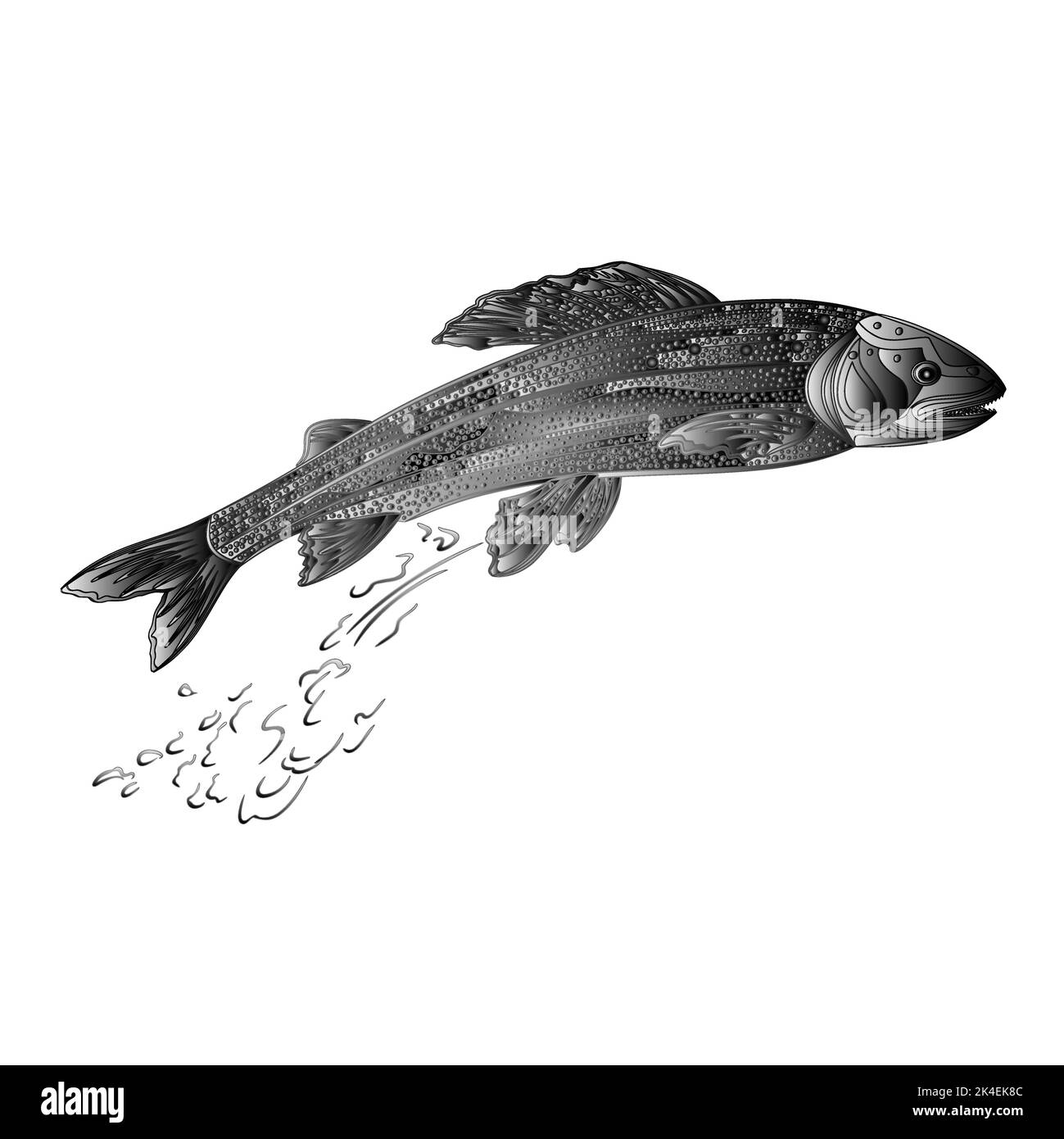 Poisson prédateur de saumon grisonnant comme illustration vectorielle vintage en métal forgé Illustration de Vecteur