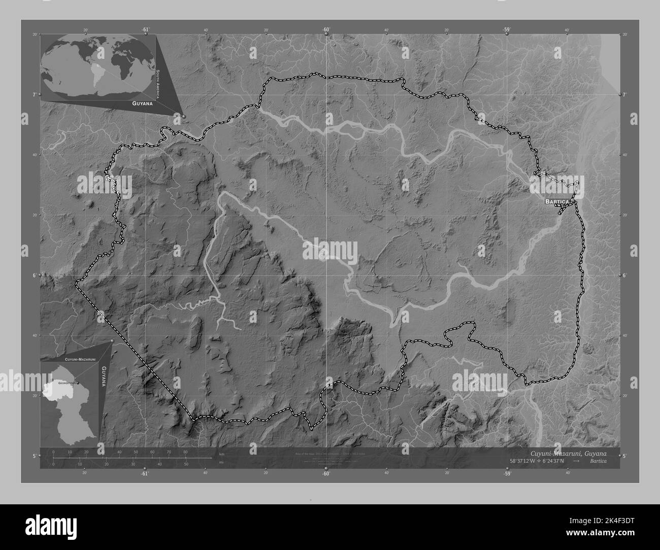 Cuyuni-Mazaruni, région du Guyana. Carte d'altitude en niveaux de gris avec lacs et rivières. Lieux et noms des principales villes de la région. Coin auxiliaire Banque D'Images