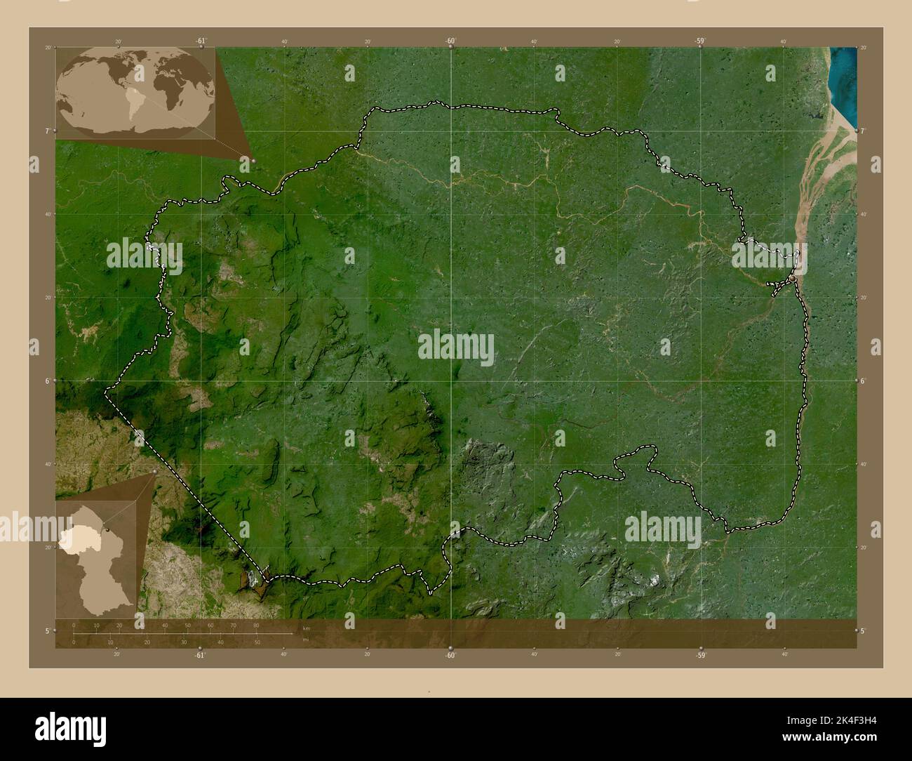 Cuyuni-Mazaruni, région du Guyana. Carte satellite basse résolution. Cartes d'emplacement auxiliaire d'angle Banque D'Images