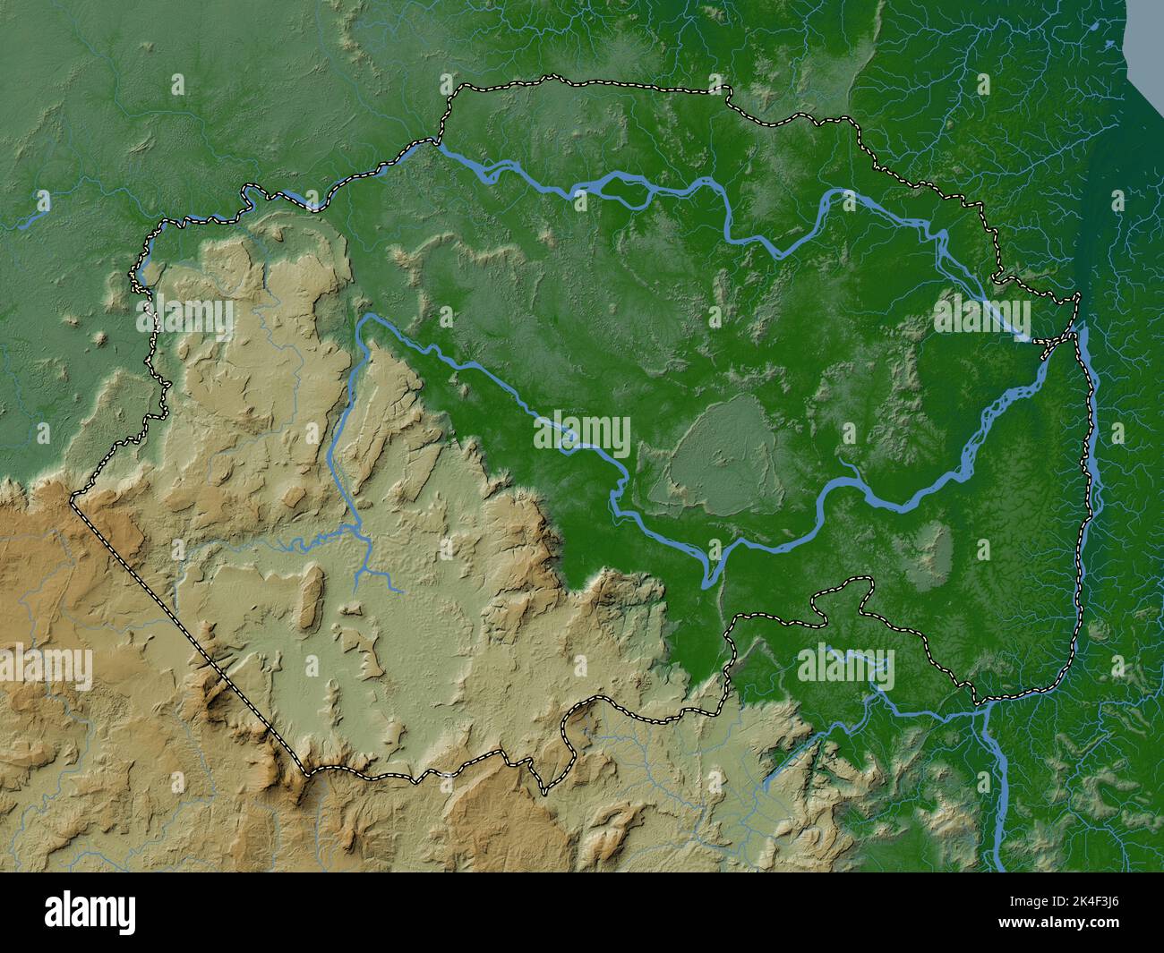 Cuyuni-Mazaruni, région du Guyana. Carte d'altitude en couleur avec lacs et rivières Banque D'Images