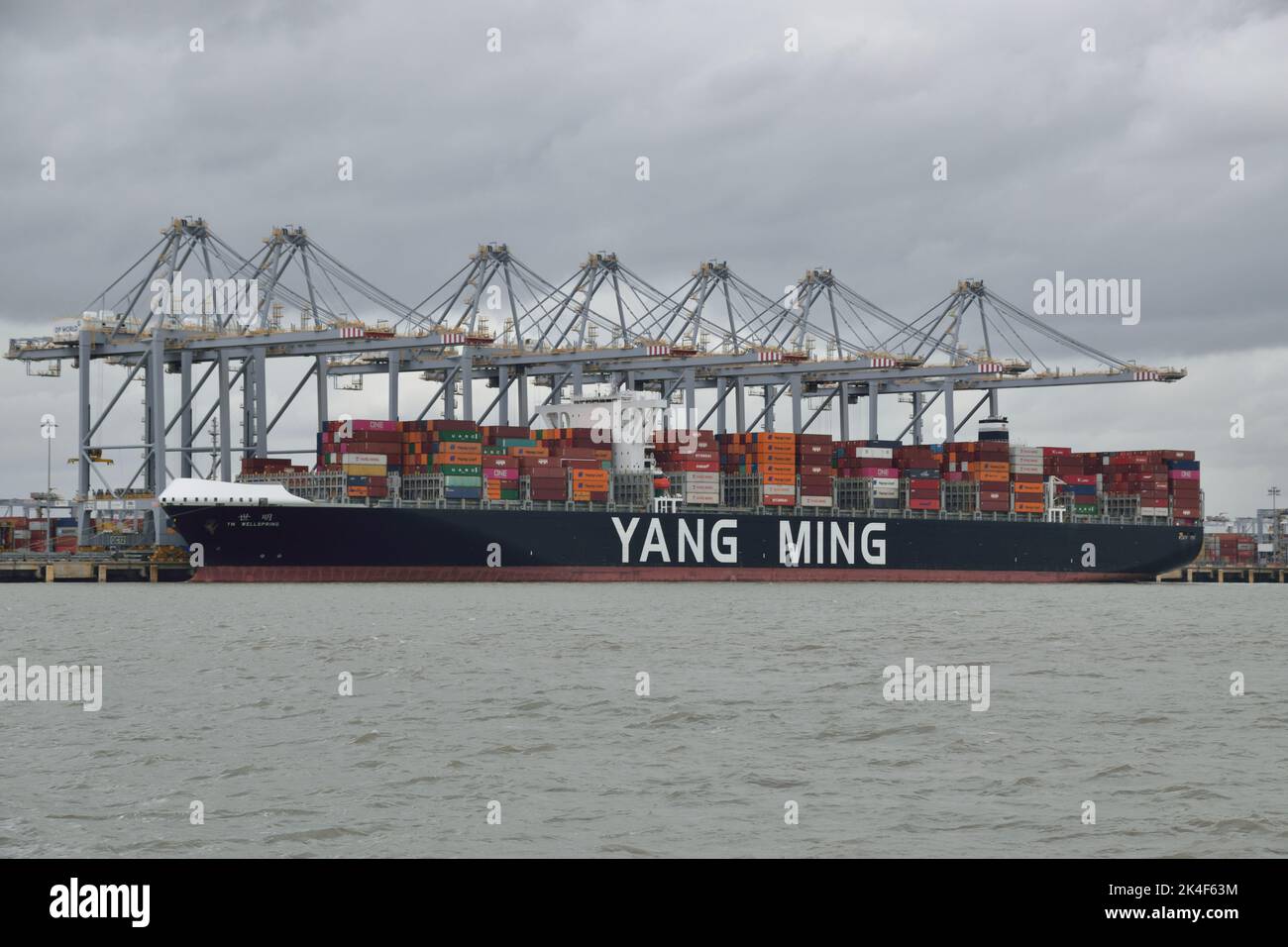 Conteneur navire YM PUITS de TRANSFERT de conteneurs à côté de DP World London Gateway port sur la Tamise Banque D'Images