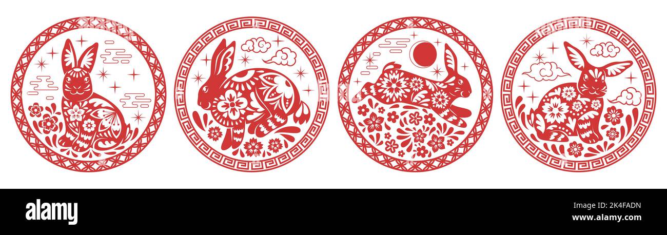 Étiquettes de lapins de zodiaque chinois. Ronds rouges emblèmes avec animaux astrologiques, lapins à motifs silhouette avec fleurs, nuages et soleil, nouvelle année 2023 Illustration de Vecteur