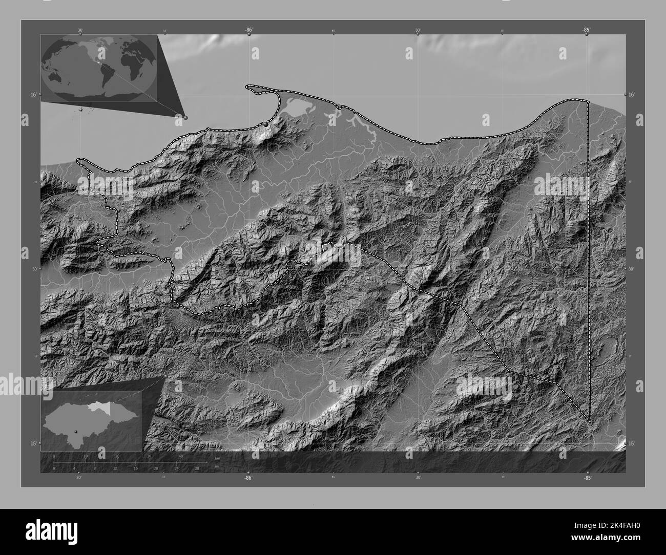 Côlon, département du Honduras. Carte d'altitude à deux niveaux avec lacs et rivières. Cartes d'emplacement auxiliaire d'angle Banque D'Images