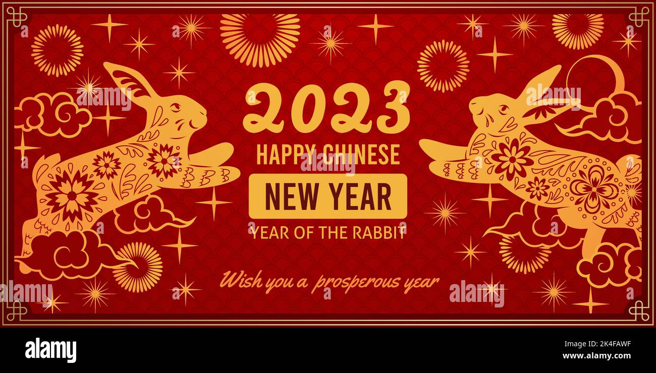 Affiche du nouvel an des fêtes. Carte de voeux rouge chinois 2023 avec lapins or, symbole asiatique zodiacal traditionnel, animal de calendrier lunaire, toile Illustration de Vecteur