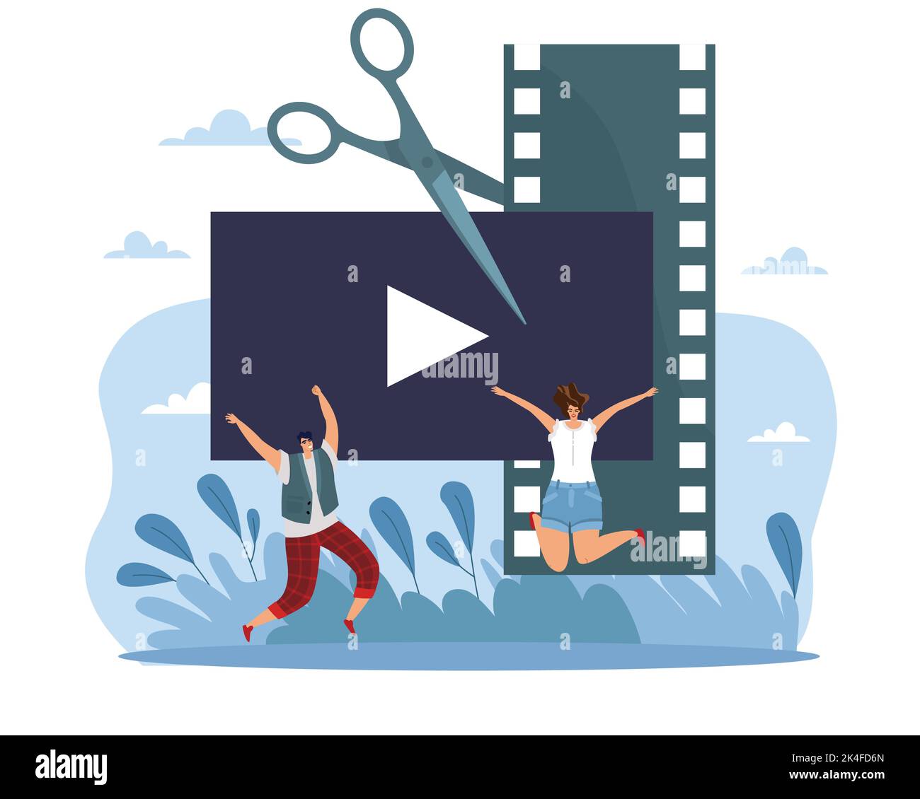 Application de montage vidéo, lecture améliorée des bandes de film. Les ciseaux coupent le film, les gens heureux minuscules, le film ou l'installation de photo. Production de mouvement, facile Illustration de Vecteur