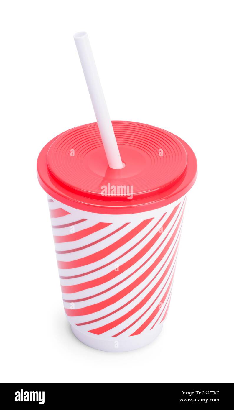 Gobelet à boissons en plastique avec découpe de paille sur blanc. Banque D'Images