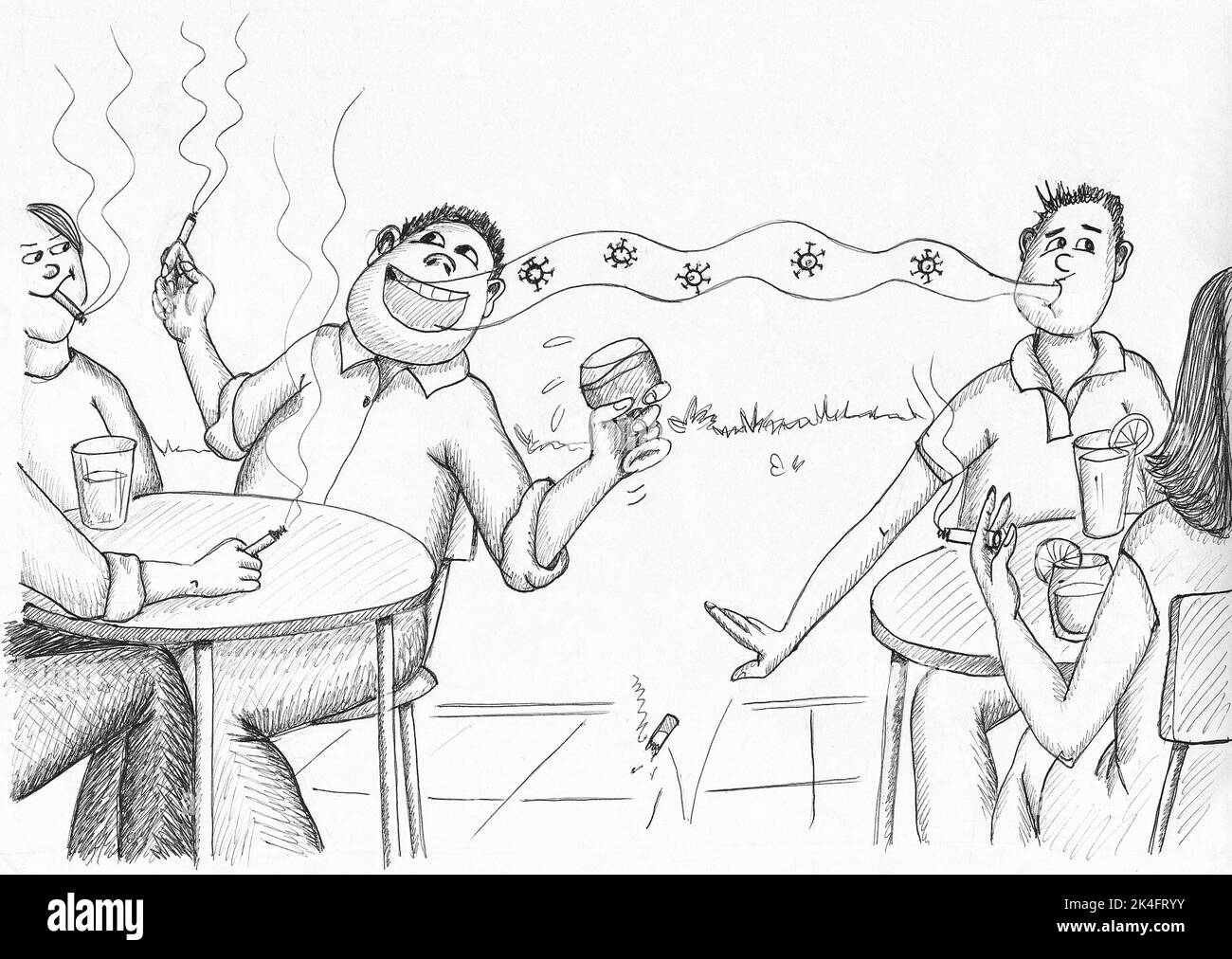Les personnes qui fument sur une terrasse et le virus covid qui se déplace dans la fumée. Illustration. Banque D'Images
